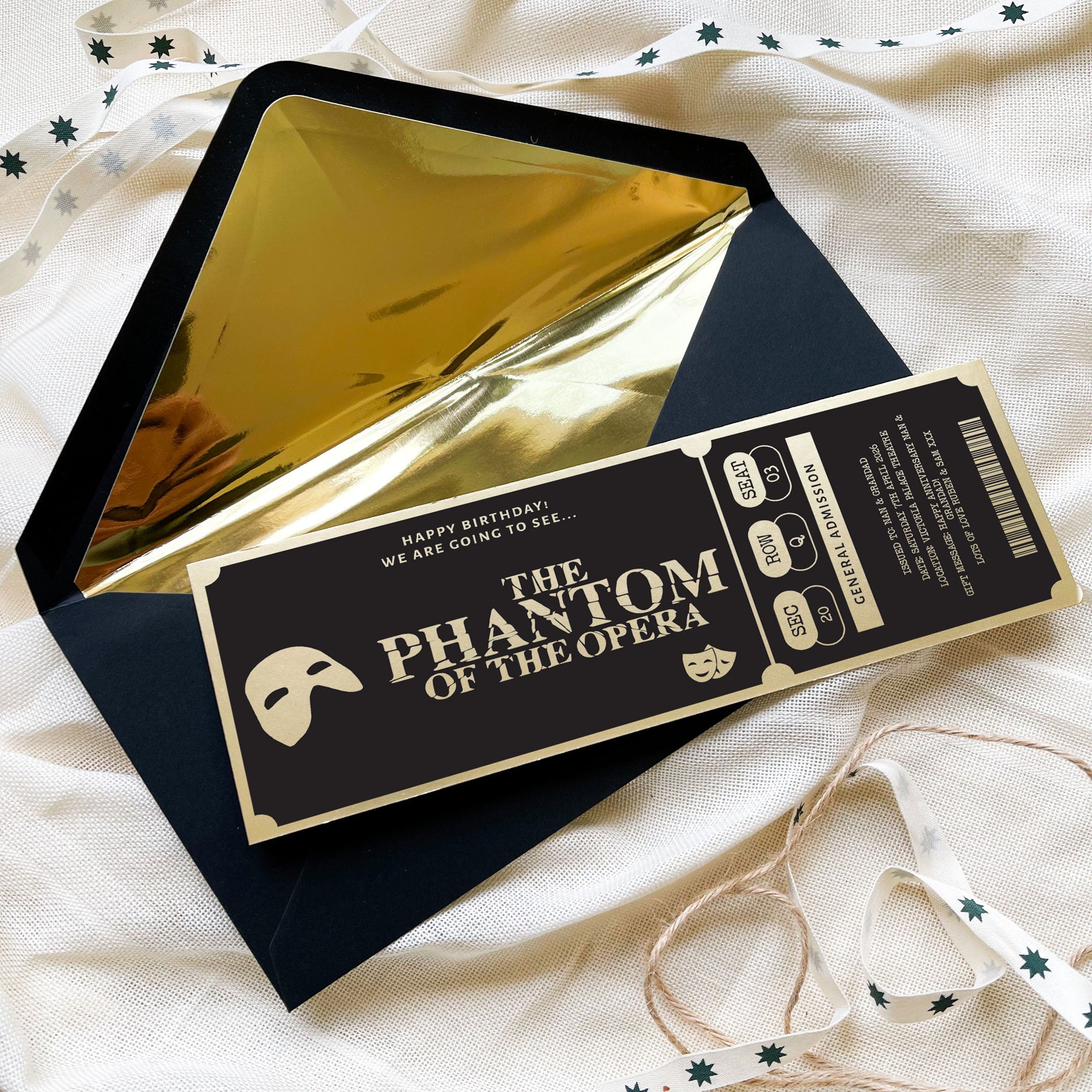 Personalised Gold Custom Theatre Show Ticket Keepsake