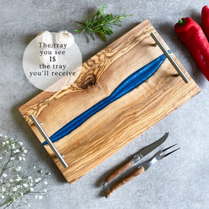 Olive Wood Resin River Tray - Blue Vein | Length 15.7" (40cm) Steel Handles