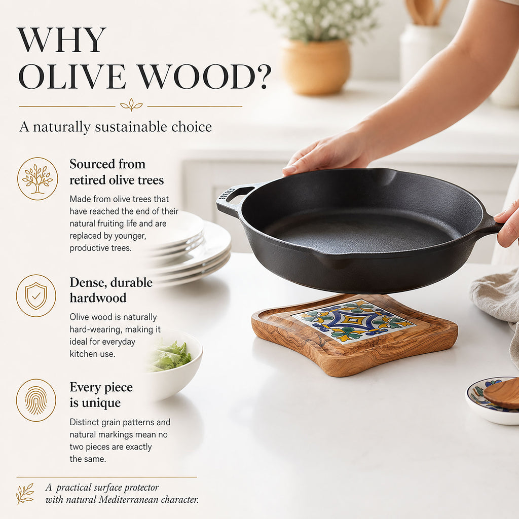 Olive Wood Trivet with Hand Painted Ceramic Tile