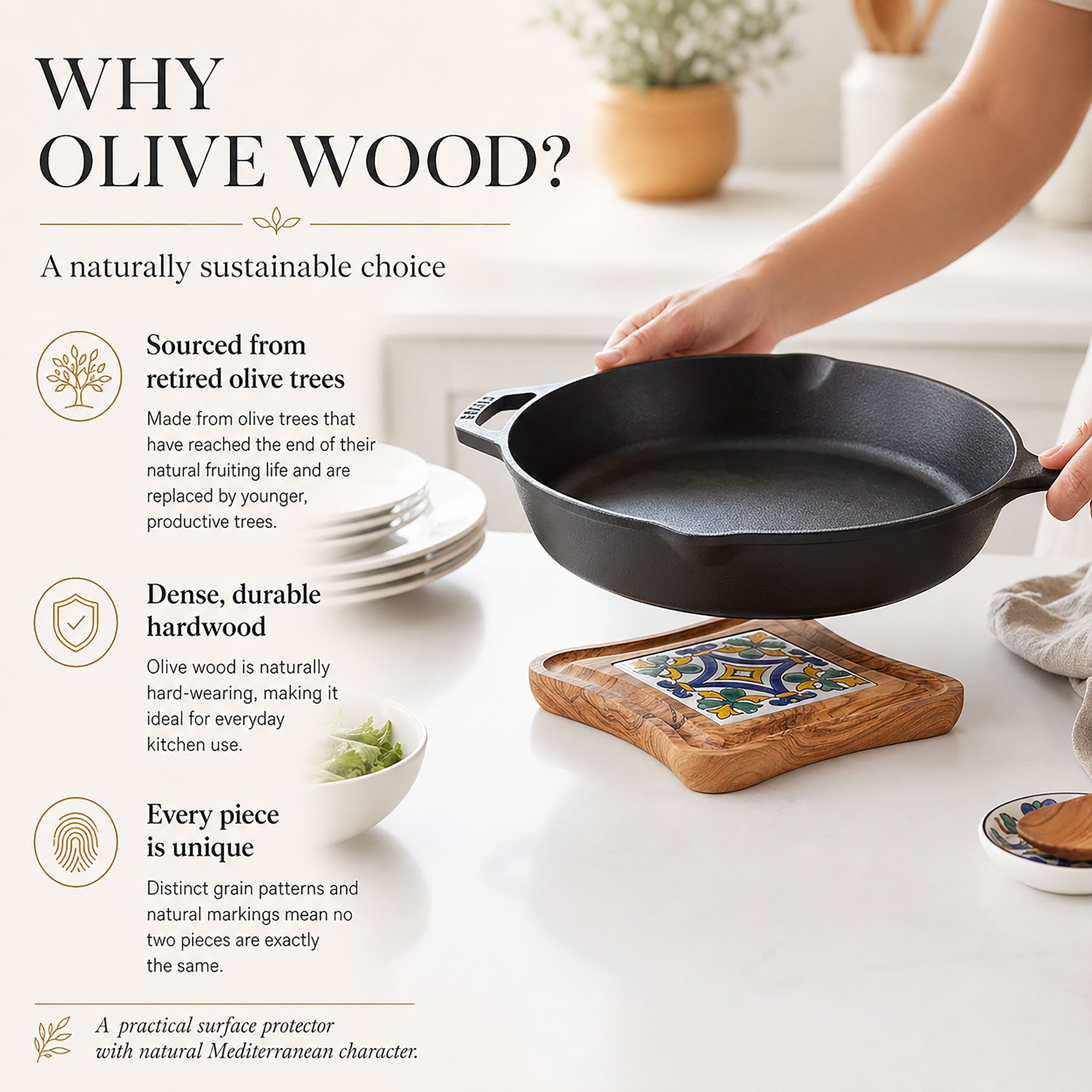 Olive Wood Trivet with Hand Painted Ceramic Tile