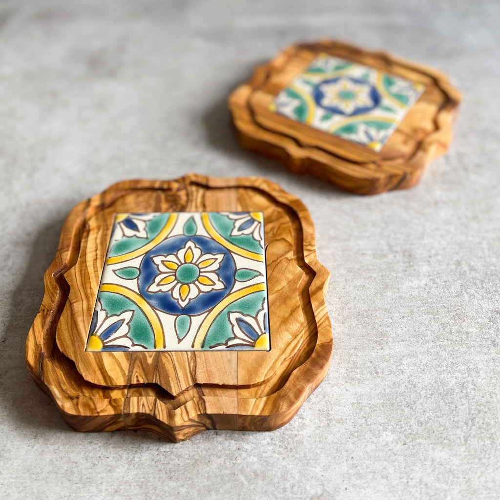 Olive Wood Trivet with Hand Painted Ceramic Tile