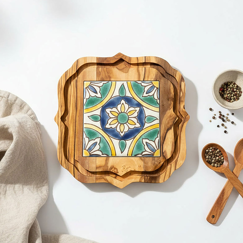 Olive Wood Trivet with Hand Painted Ceramic Tile