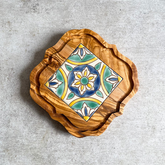 Olive Wood Trivet with Hand Painted Ceramic Tile