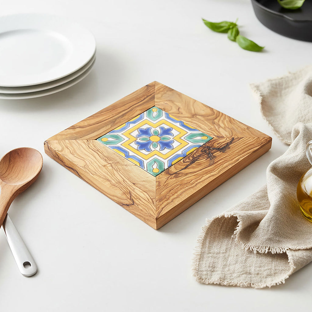 Olive Wood Trivet with Hand Painted Ceramic Tile