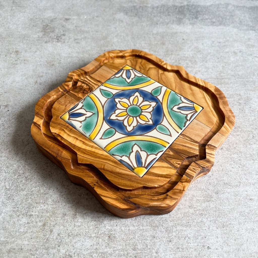 Olive Wood Trivet with Hand Painted Ceramic Tile