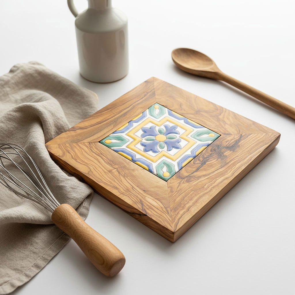 Olive Wood Trivet with Hand Painted Ceramic Tile