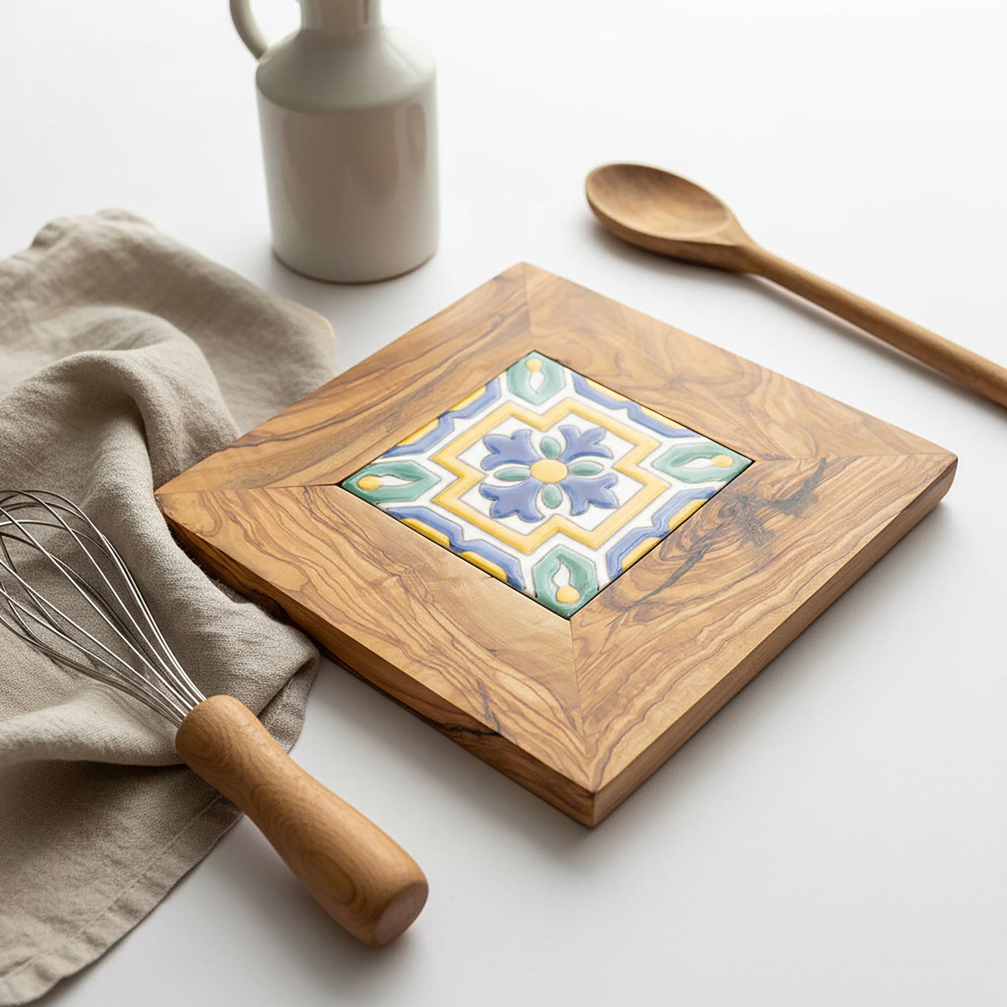 Olive Wood Trivet with Hand Painted Ceramic Tile