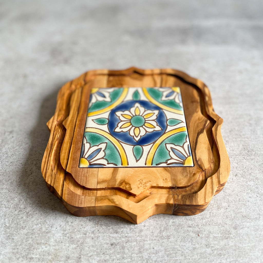 Olive Wood Trivet with Hand Painted Ceramic Tile