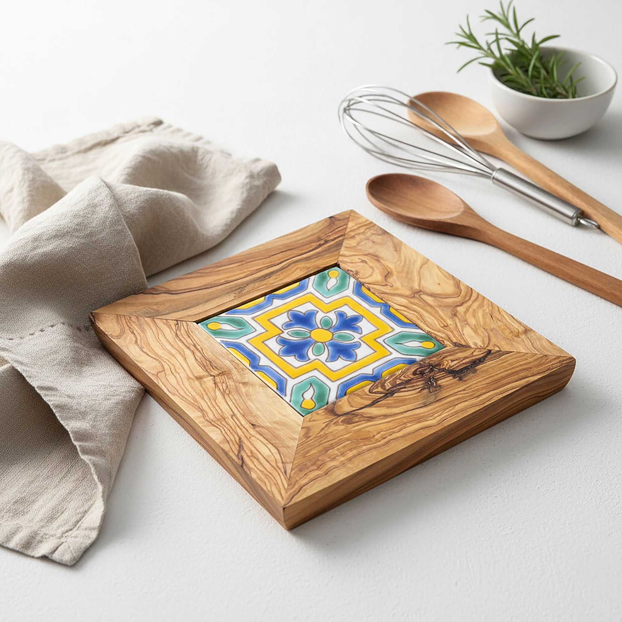 Olive Wood Trivet with Hand Painted Ceramic Tile