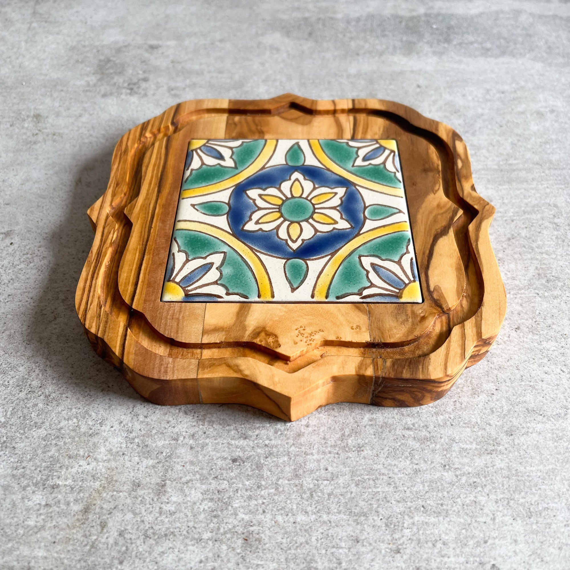 Olive Wood Trivet with Hand Painted Ceramic Tile