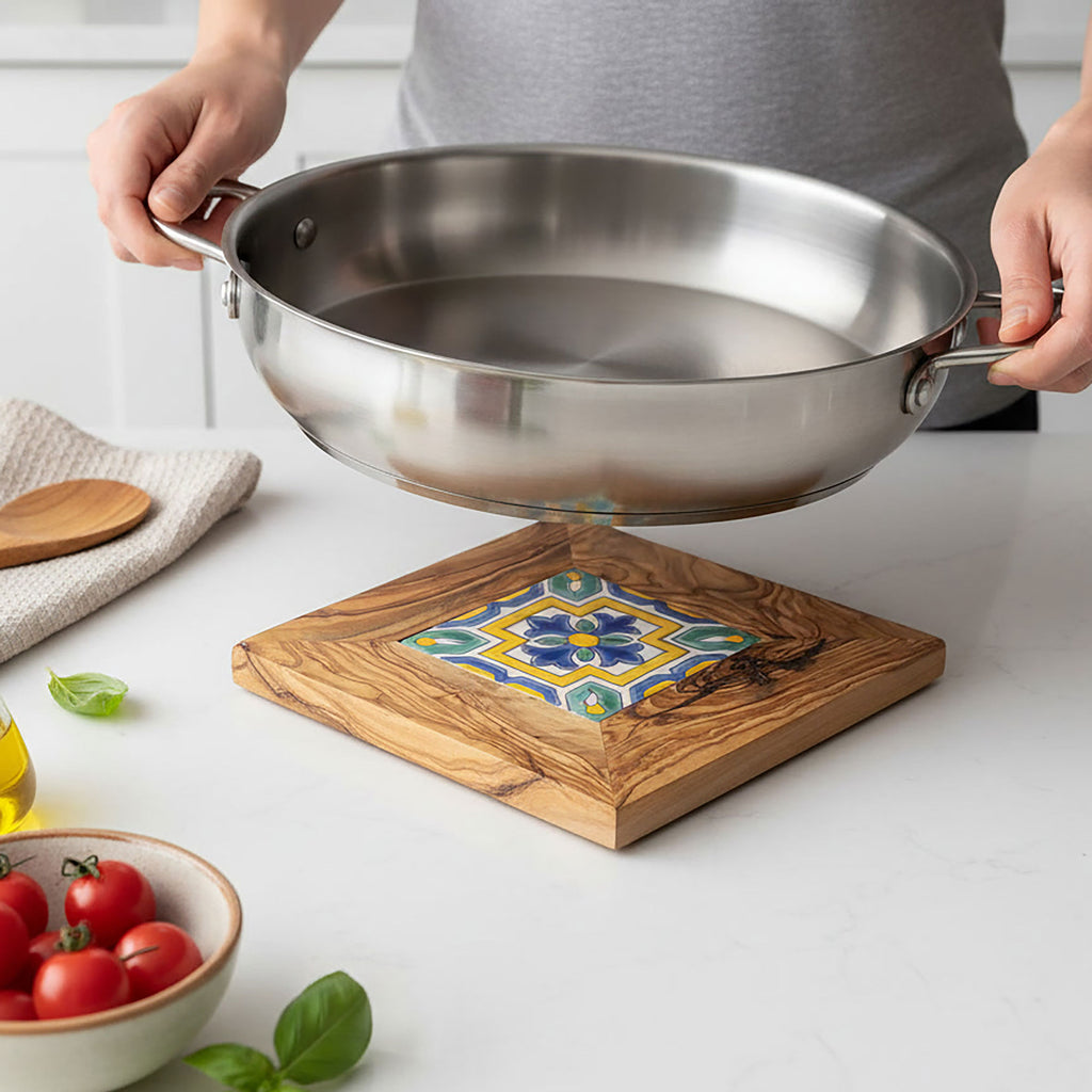 Olive Wood Trivet with Hand Painted Ceramic Tile