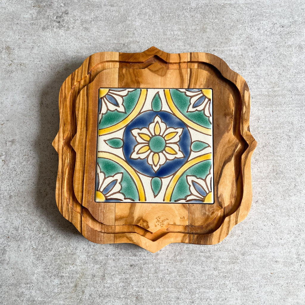 Olive Wood Trivet with Hand Painted Ceramic Tile