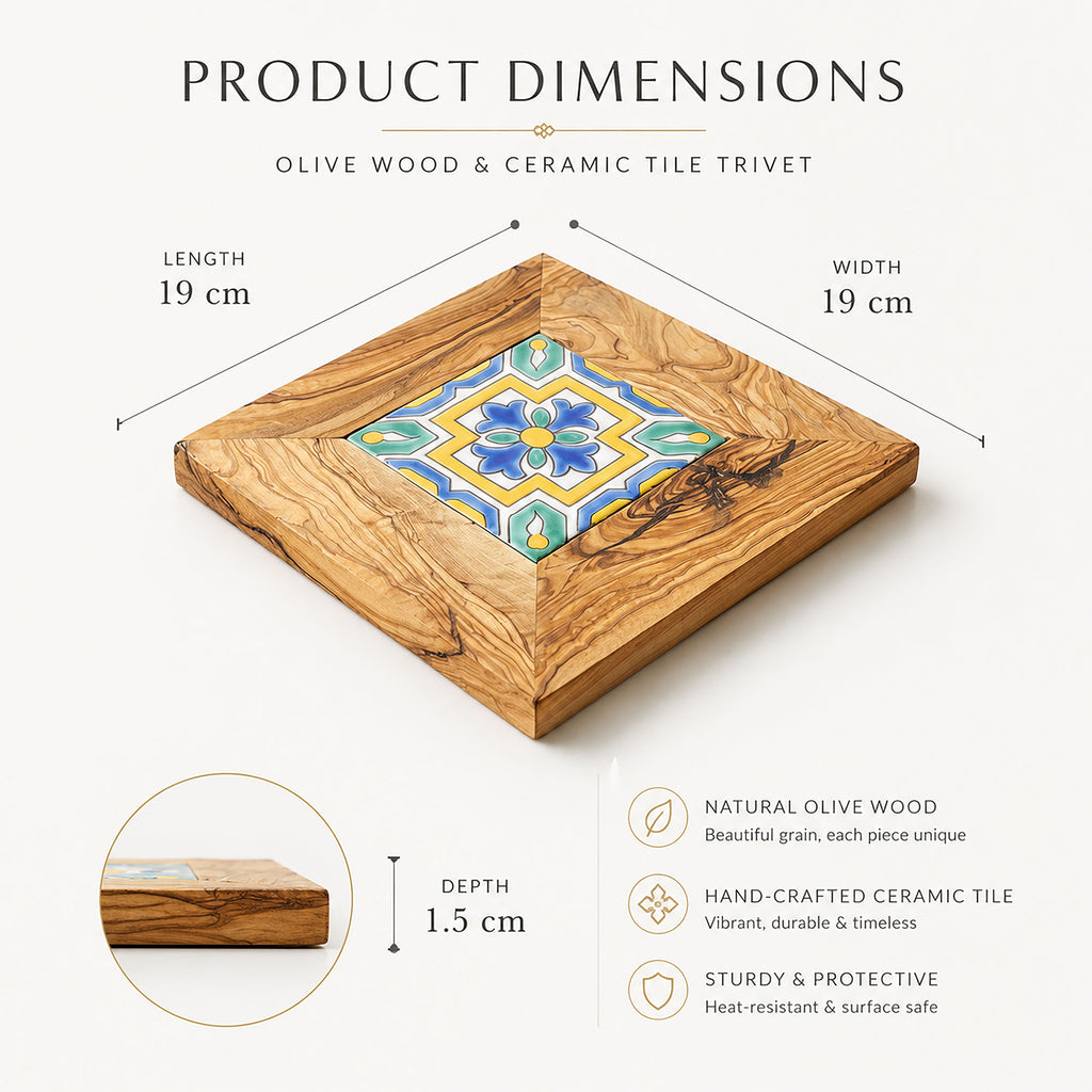 Olive Wood Trivet with Hand Painted Ceramic Tile
