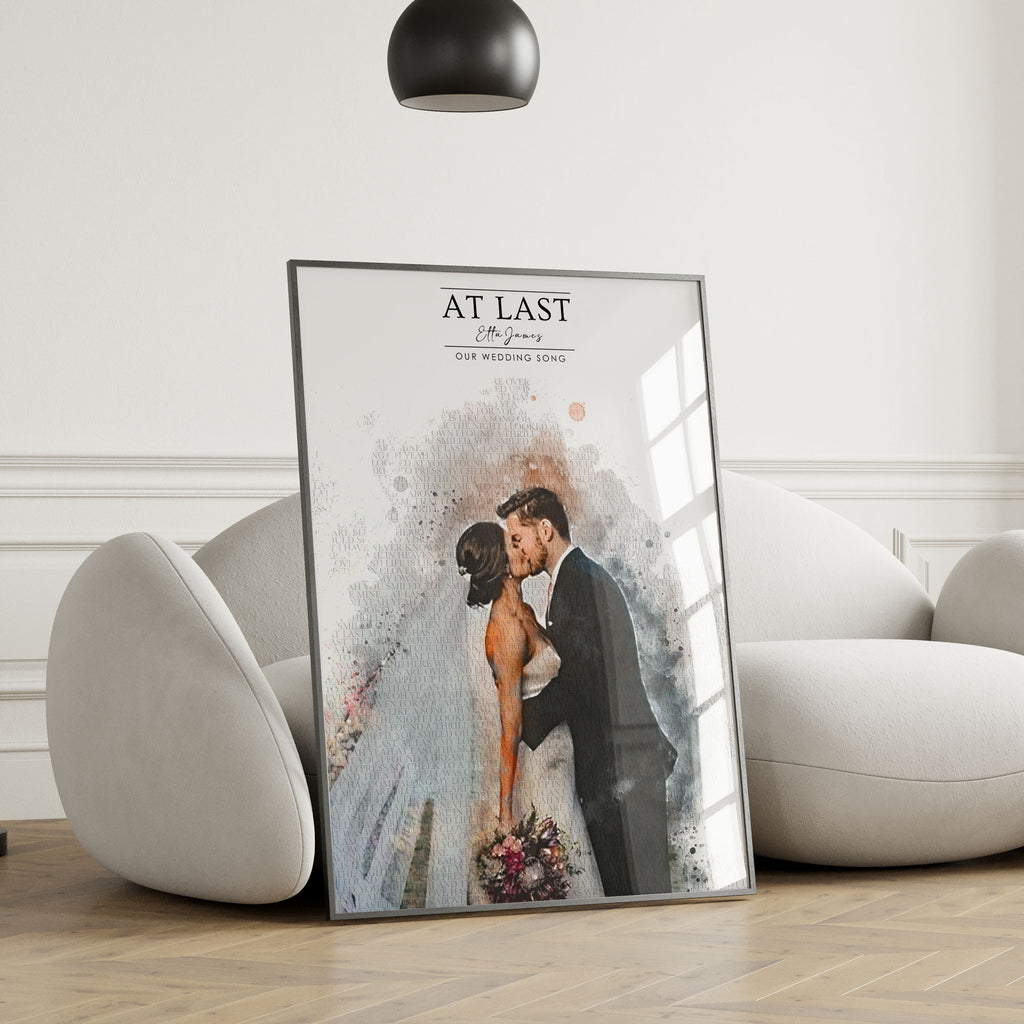 Personalised Watercolour Wedding Photo & Song Lyrics Print