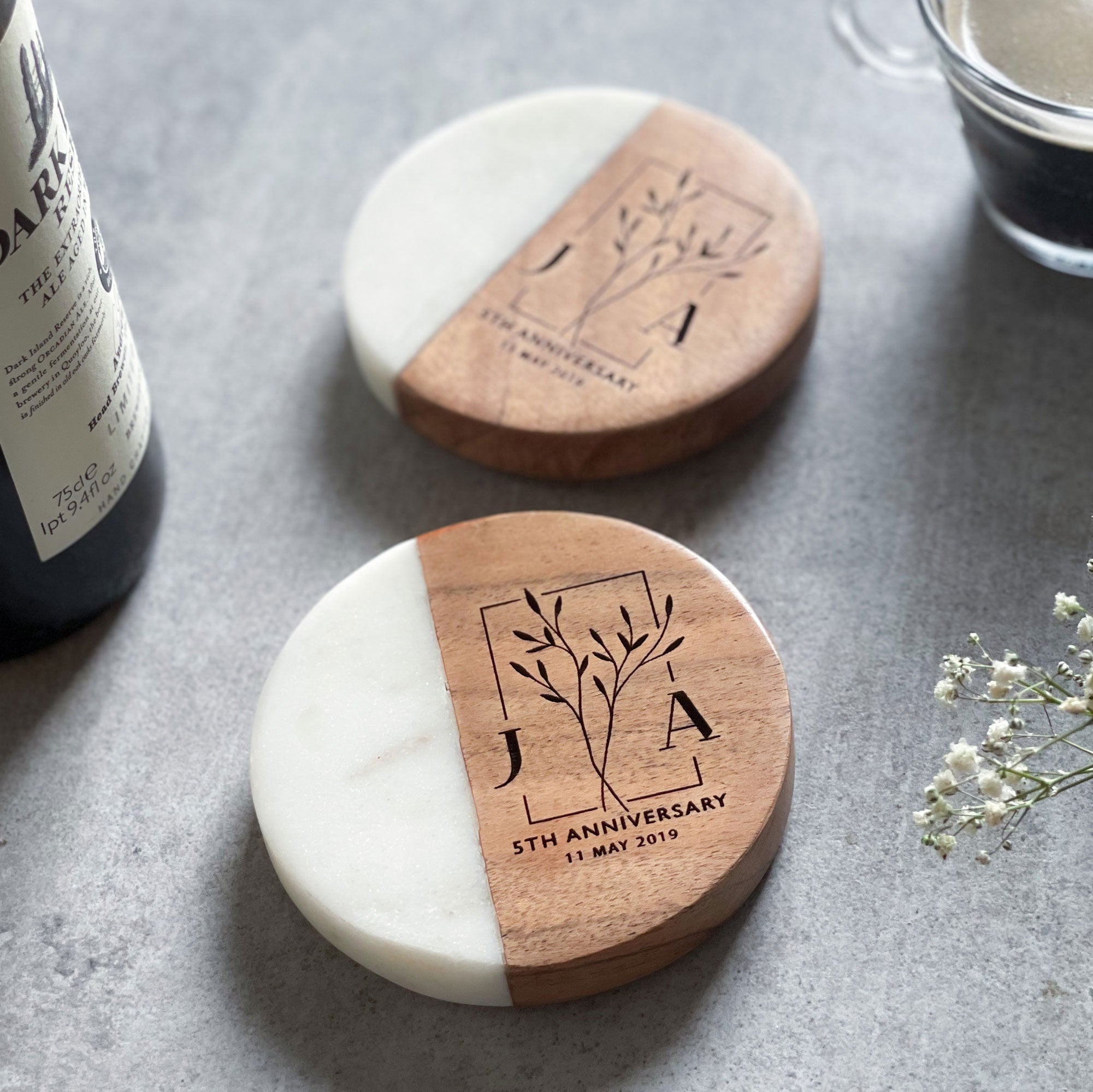 Personalised Wedding Gift  - Marble & Acacia Coaster