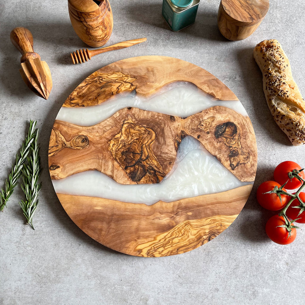 Large Olive Wood Serving River Board with White Resin Veins - Dia 14" (35cm)