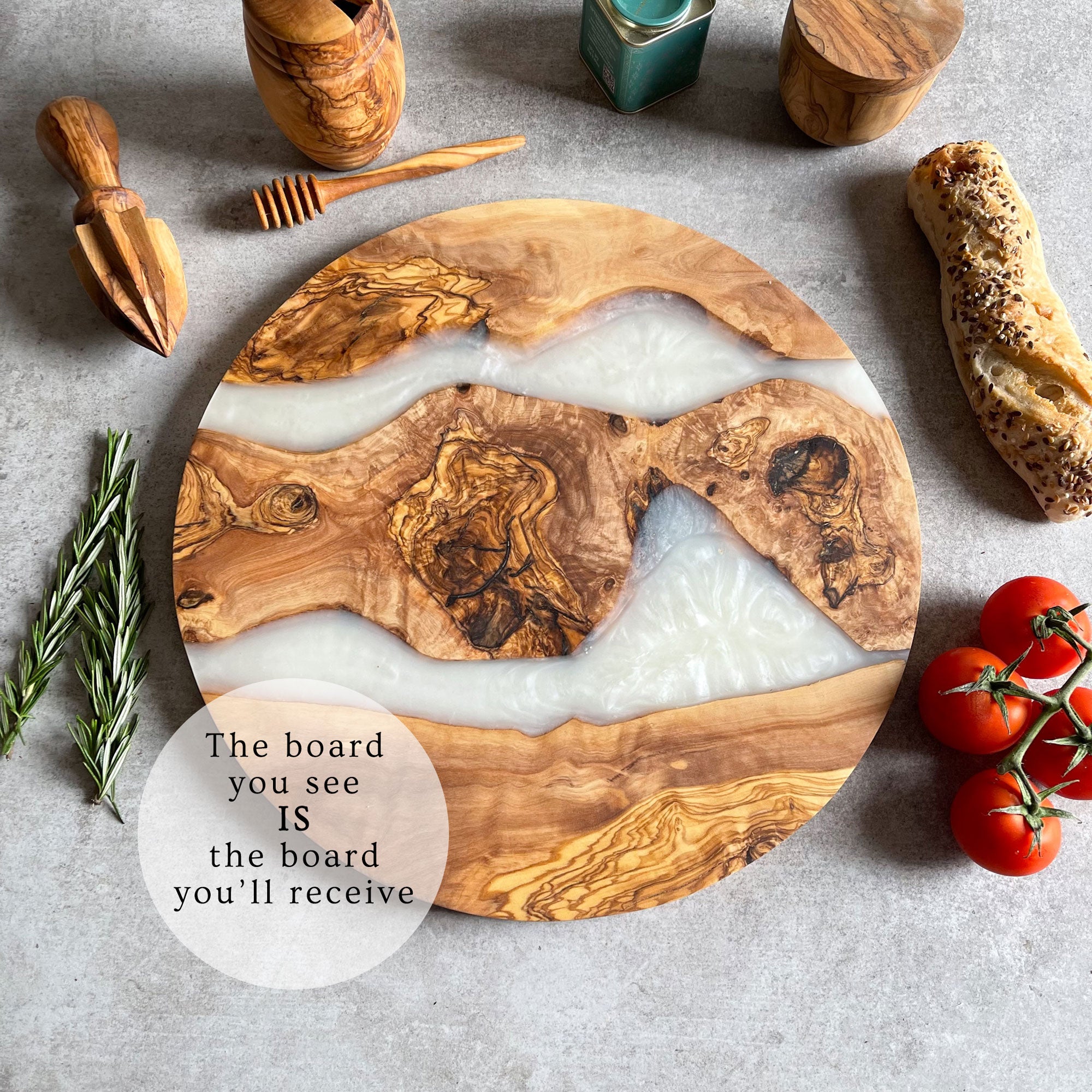 Large Olive Wood Serving River Board with White Resin Veins - Dia 14" (35cm)