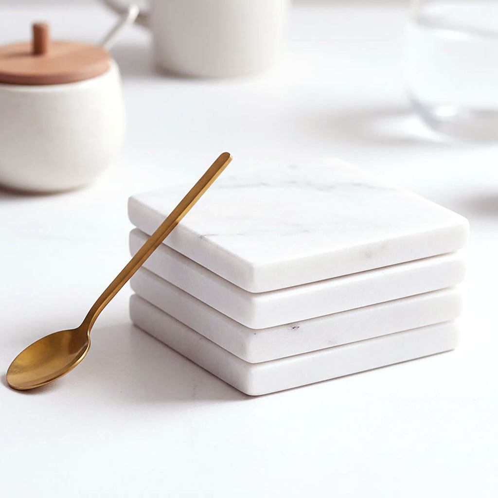 Set of 4 White Marble Square Coasters