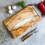 Olive Wood Resin River Tray - White Vein | Length 15.7" (40cm) Steel Handles