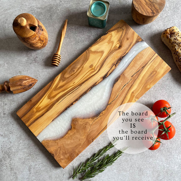 Olive Wood Resin River Cheese Board - White Vein | Length 15.7