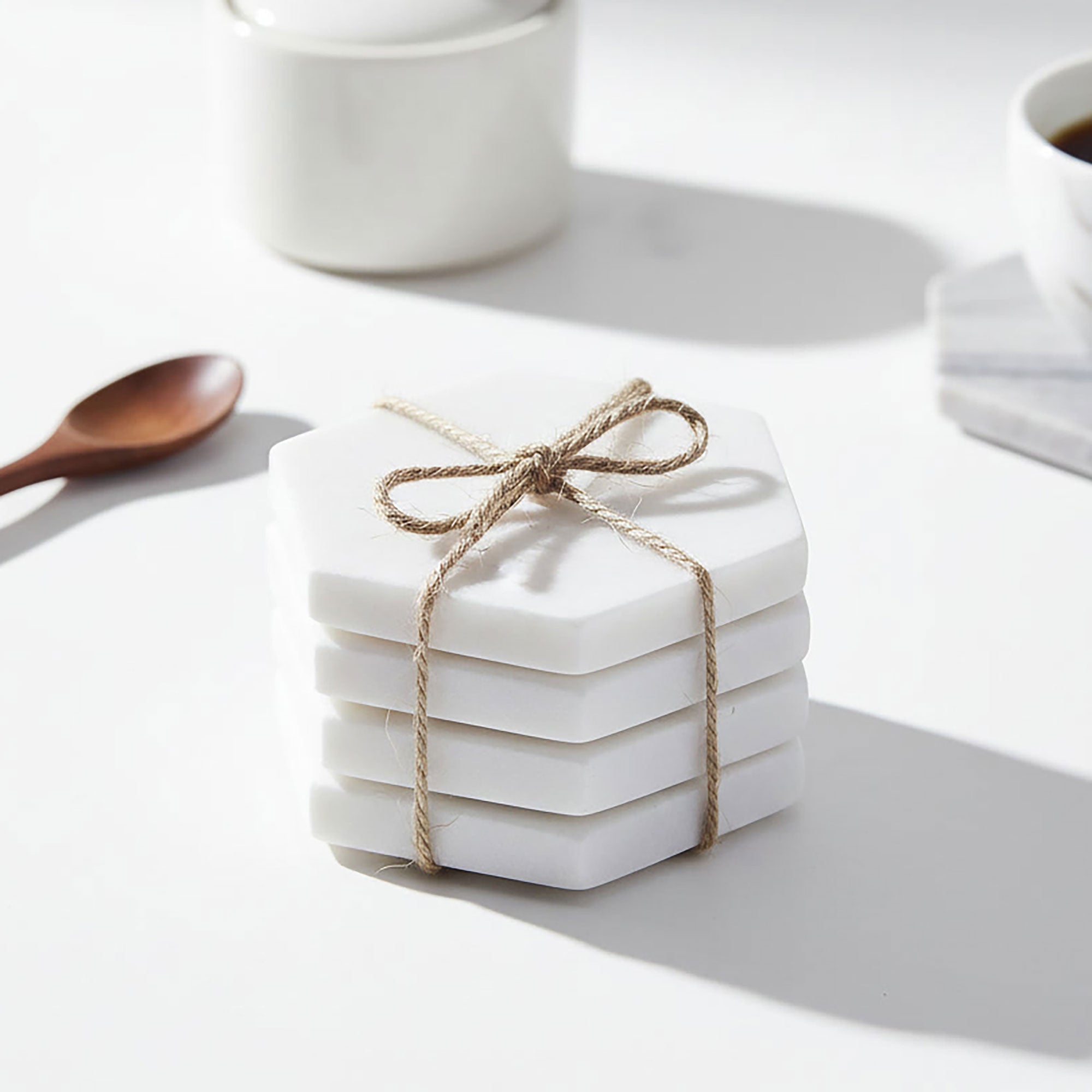Set of 4 White Hexagon Marble Coasters