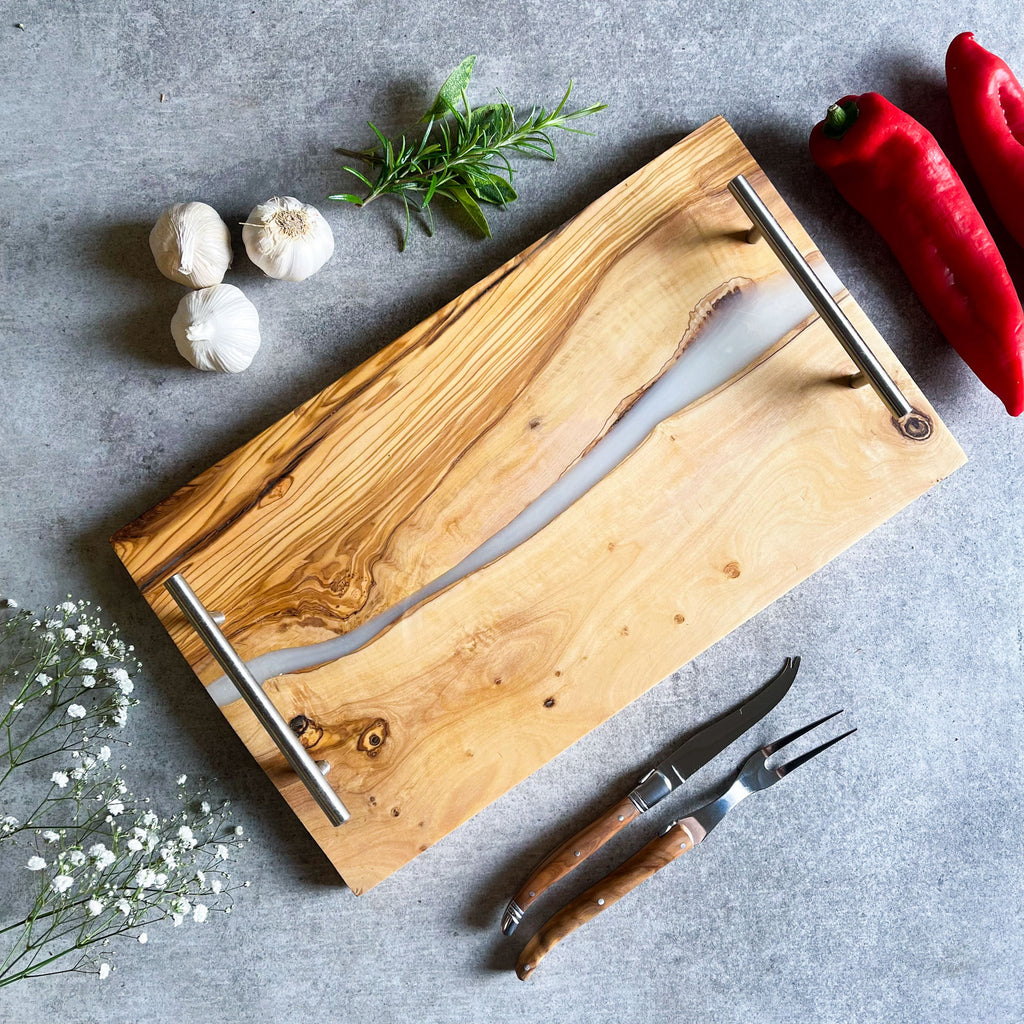 Olive Wood Resin River Tray - White Vein | Length 15.7" (40cm) Steel Handles