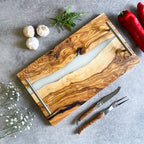Olive Wood Resin River Tray - White Vein | Length 15.7" (40cm) Steel Handles