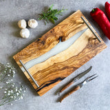 Olive Wood Resin River Tray - White Vein | Length 15.7" (40cm) Steel Handles