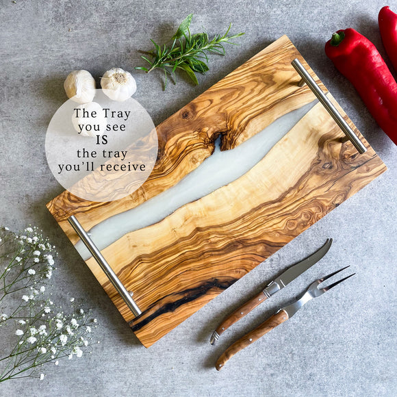 Olive Wood Resin River Tray - White Vein | Length 15.7