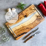 Olive Wood Resin River Tray - White Vein | Length 15.7" (40cm) Steel Handles