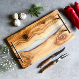 Olive Wood Resin River Tray - White Vein | Length 15.7" (40cm) Steel Handles