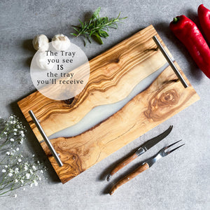 Olive Wood Resin River Tray - White Vein | Length 15.7" (40cm) Steel Handles