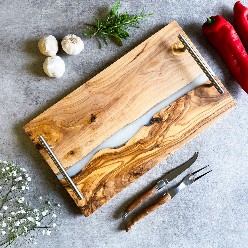 Olive Wood Resin River Tray - White Vein | Length 15.7" (40cm) Steel Handles