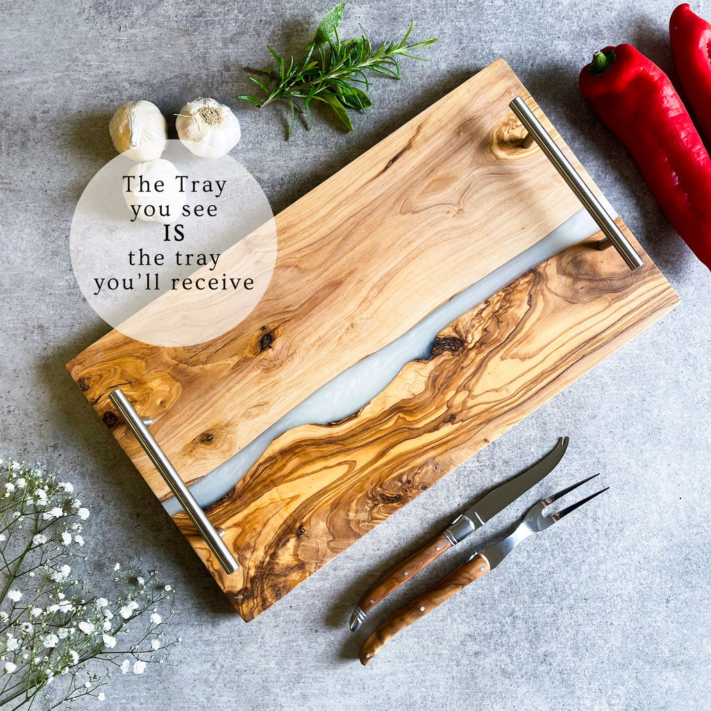 Olive Wood Resin River Tray - White Vein | Length 15.7" (40cm) Steel Handles