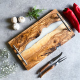 Olive Wood Resin River Tray - White Vein | Length 15.7" (40cm) Steel Handles