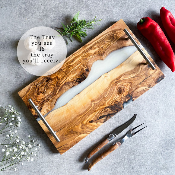 Olive Wood Resin River Tray - White Vein | Length 15.7