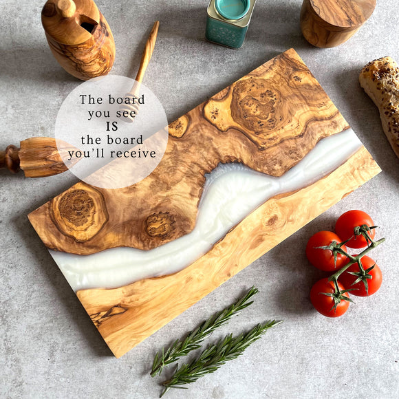 Olive Wood Resin River Cheese Board - White Vein | Length 15.7