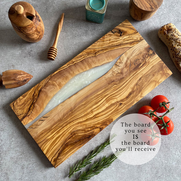 Olive Wood Resin River Cheese Board - White Vein | Length 15.7