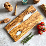 Olive Wood Resin River Cheese Board - White Vein | Length 15.7" (40cm)