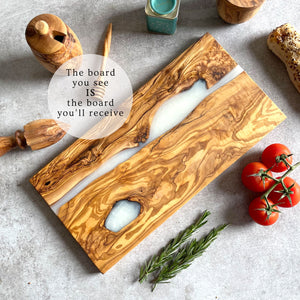 Olive Wood Resin River Cheese Board - White Vein | Length 15.7" (40cm)