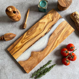 Olive Wood Resin River Cheese Board - White Vein | Length 15.7" (40cm)