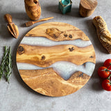 Large Olive Wood Serving River Board with White Resin Veins - Dia 14" (35cm)