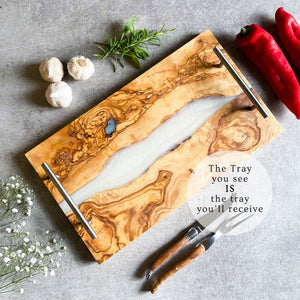 Olive Wood Resin River Tray - White Vein | Length 15.7" (40cm) Steel Handles