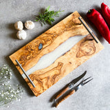 Olive Wood Resin River Tray - White Vein | Length 15.7" (40cm) Steel Handles