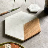 White Hexagonal Marble & Acacia Serving Platter