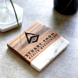 Your Own Logo Engraved Wood & White Marble Square Coaster