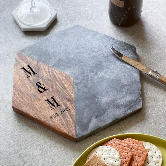 Personalised Marble & Acacia Hexagonal Serving Platter with Initials | Wedding Gift