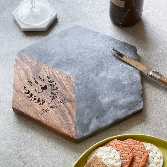 Personalised Marble & Acacia Hexagon Serving Platter with Floral Design | Wedding Gift