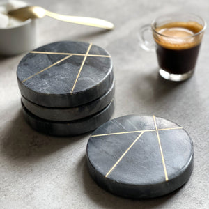 Set of 4 Marble Contemporary Coasters With Brass Insert Detailing
