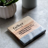 Marble & Acacia Round Coaster with "Father" Definition | Gift for Dad
